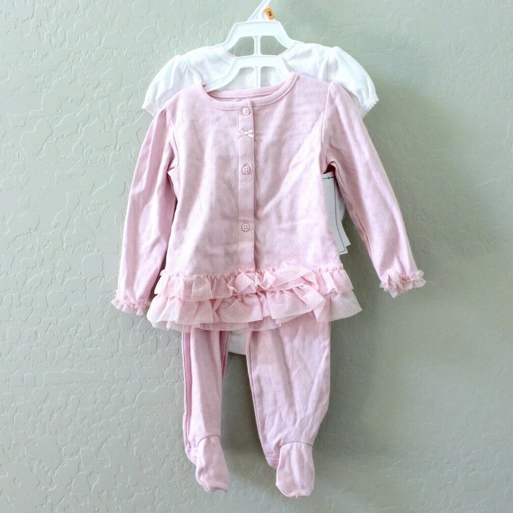 Koala Baby 3 Piece Long Sleeve Ruffle Top, Bodysuit & Footed Pant Set Size 12M